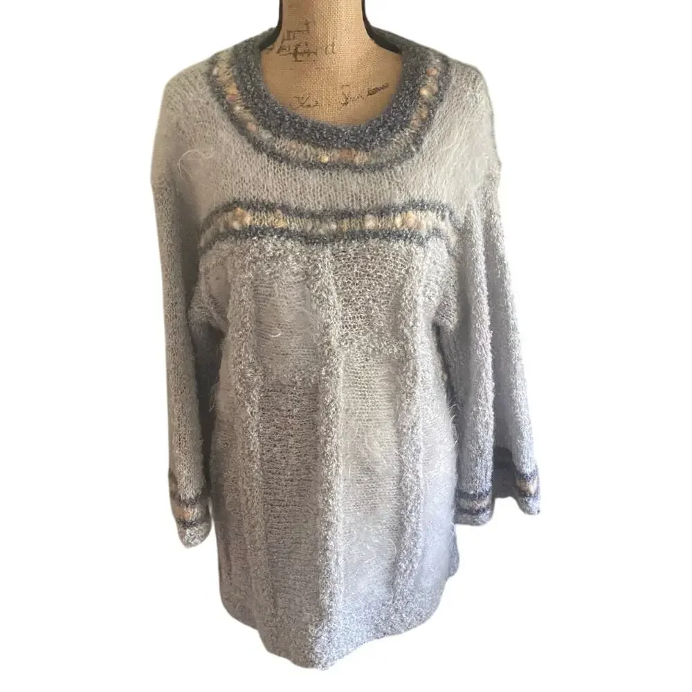 Vintage 70s 80s Handmade Mohair Wool Blend Sweater Fuzzy Knit Tunic Gray Long